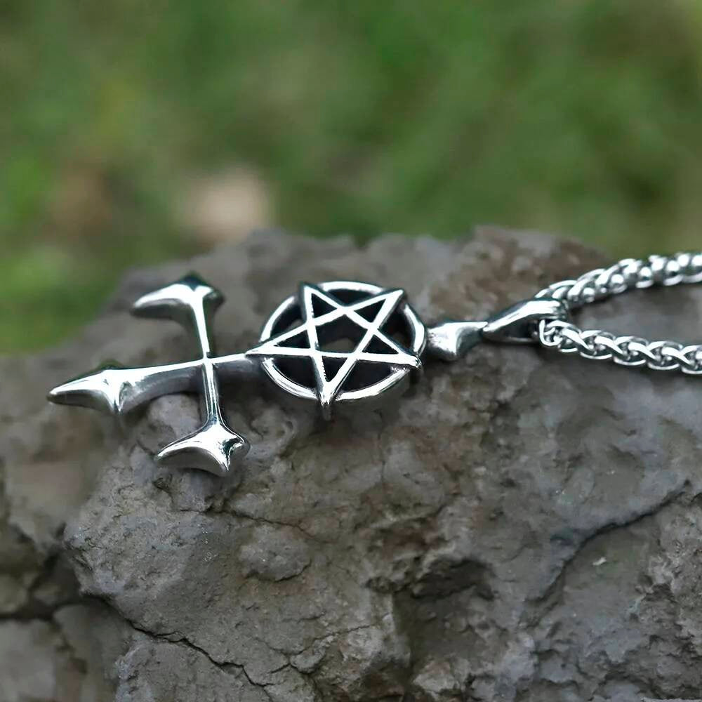 Pentagram Cross Pendant Necklace, Silver Gothic Jewelry with Occult Symbol
