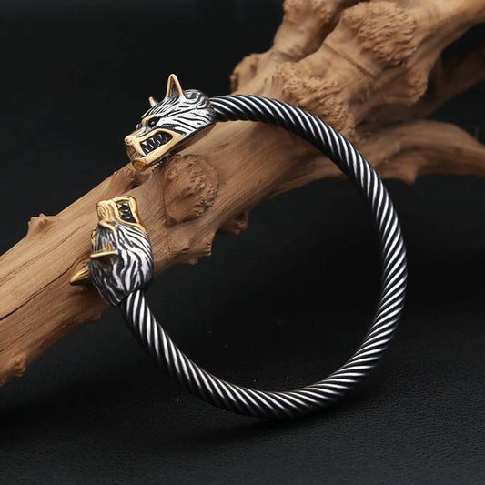 Viking Wolf Head Cuff Bracelet – Twisted Steel Norse Armring