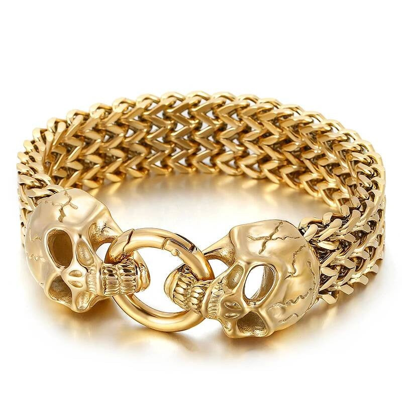 18mm Big Skull Head Bracelet With Mesh Chain Stainless Steel Charm Jewelry Gold Color 22.5cm
