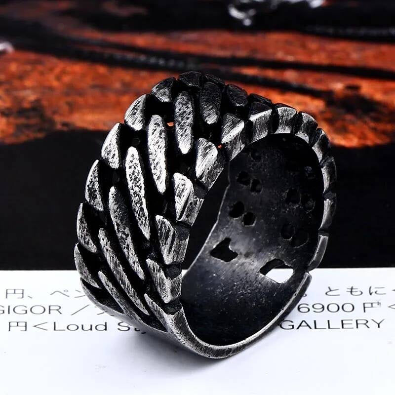 Chain Knit Steel Ring - Black Interlocked Link Men's Punk Gothic Jewelry BR8-499