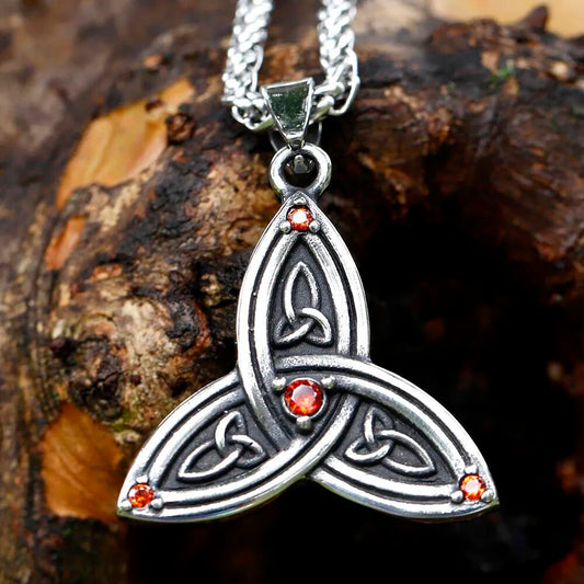 Celtic Triquetra Pendant with Red Stones – Silver Trinity Knot Necklace