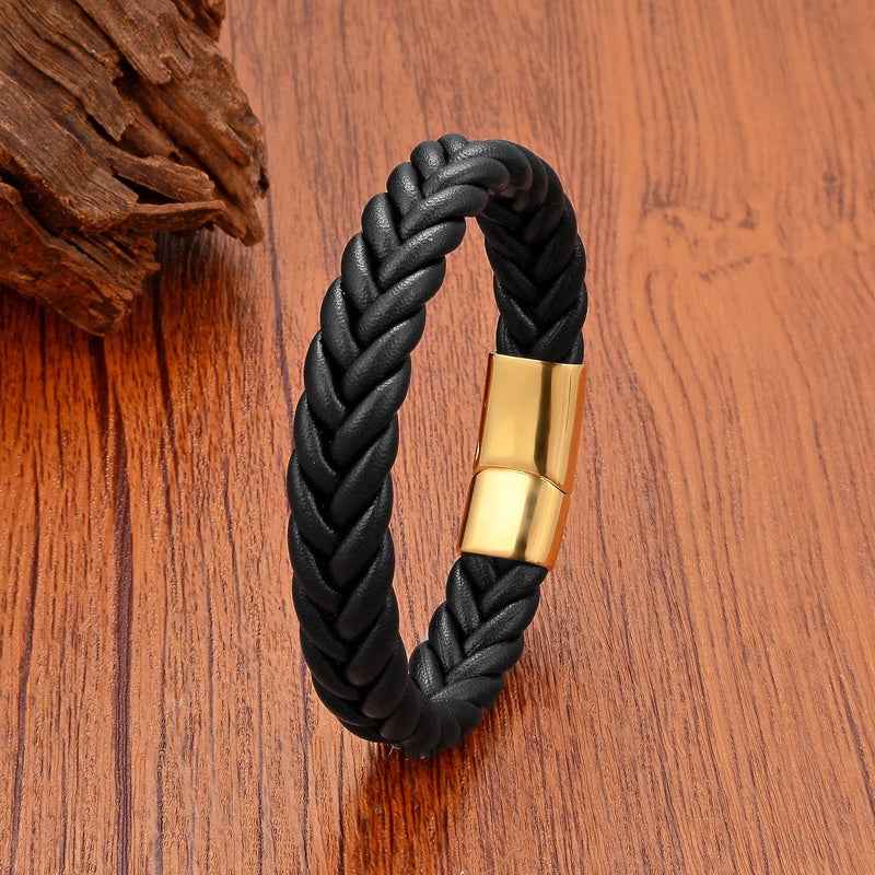 Black Braided Leather Bracelet with Green Jade Beads - Stylish Multi-Layer Magnetic Clasp Jewelry for Casual Wear and Gifts Black Leather-Gold