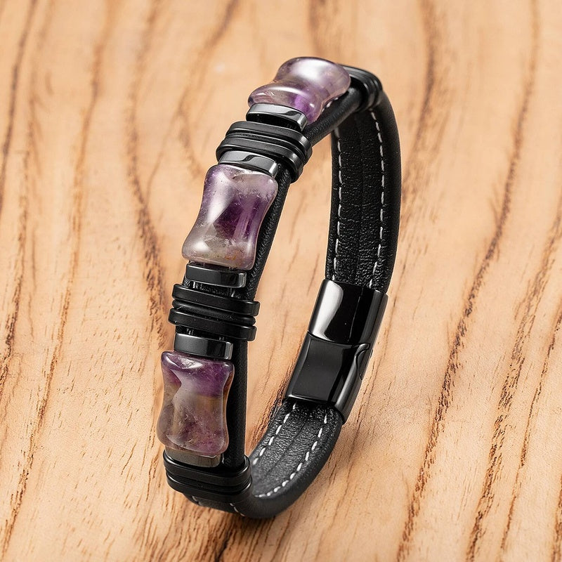 Black Braided Leather Bracelet with Green Jade Beads - Stylish Multi-Layer Magnetic Clasp Jewelry for Casual Wear and Gifts Style-F