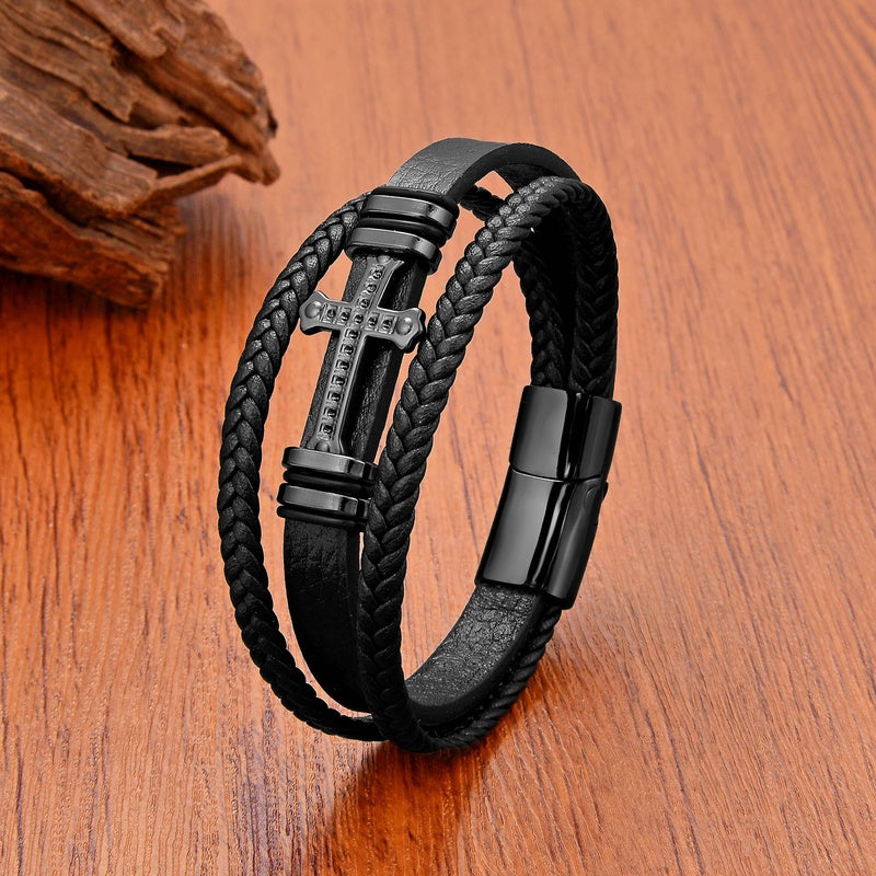Black Braided Leather Bracelet with Green Jade Beads - Stylish Multi-Layer Magnetic Clasp Jewelry for Casual Wear and Gifts Black Color