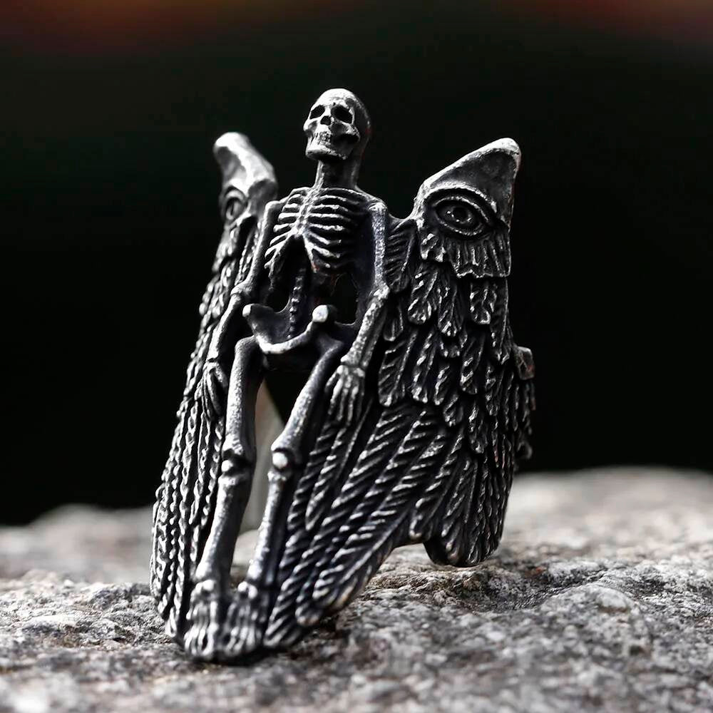 Angel Wing Skull Ring - Viking Aegishjalmur Stainless Steel Gothic Jewelry