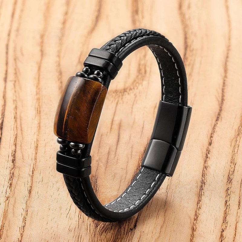 Black Braided Leather Bracelet with Green Jade Beads - Stylish Multi-Layer Magnetic Clasp Jewelry for Casual Wear and Gifts Tiger Eye
