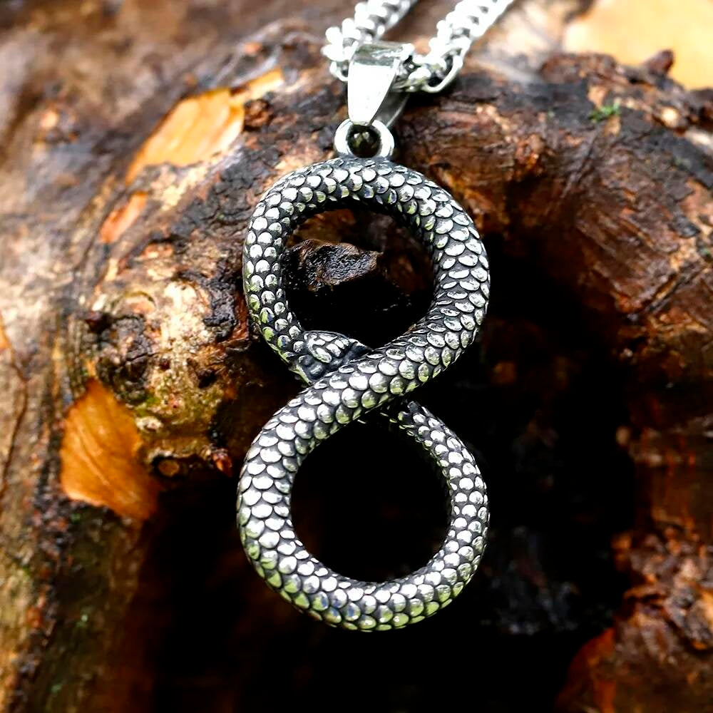 Snake-Inspired Infinity Pendant Necklace, Silver Tribal Jewelry with Scaled Design