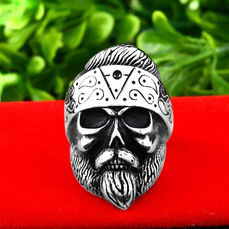 Viking Skull Ring with Beard Stainless Steel Biker Jewelry