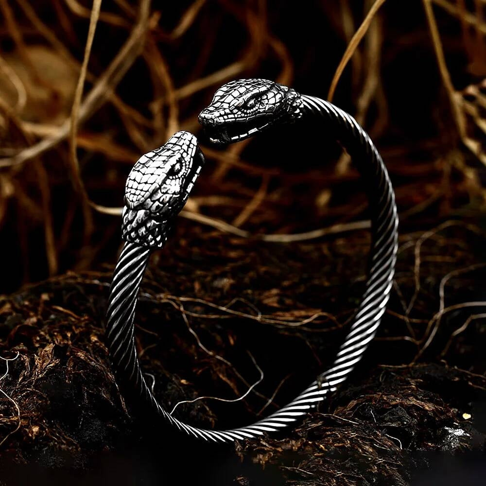 Viking Snake Head Bracelet – Twisted Stainless Steel Norse Bangle