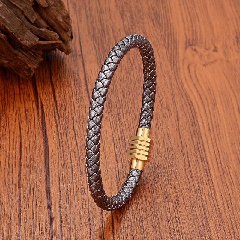 Simple Champagne Color Weave Leather Men Industrial Wind Stainless Steel Buckle Bracelet for Women High Quality Jewelry Gray Rope-Gold