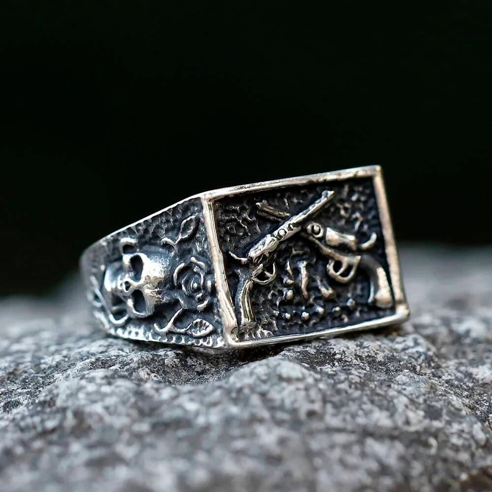 Pistol Skull Ring - Stainless Steel Gothic Punk Rock Jewelry for Teens