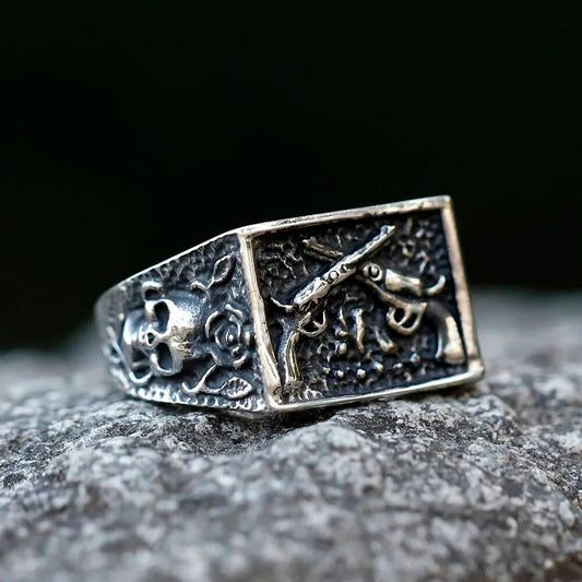 Pistol Skull Ring - Stainless Steel Gothic Punk Rock Jewelry for Teens
