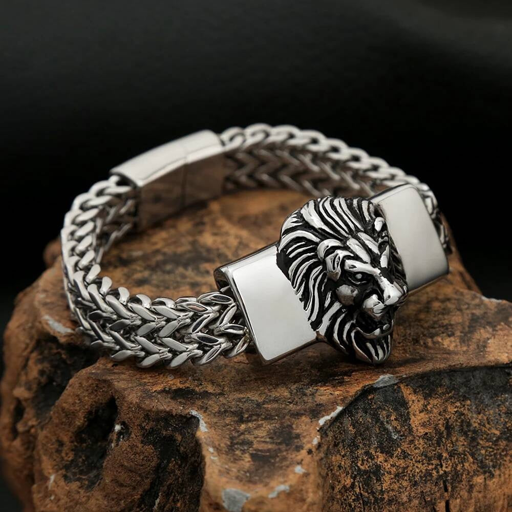 Lion Head Stainless Steel Chain Bracelet – Bold King of the Jungle Jewelry
