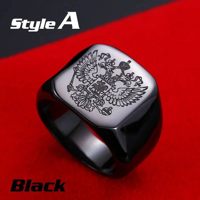 Russian Coat of Arms Signet Ring – Polished 316L Stainless Steel Biker Band A style black