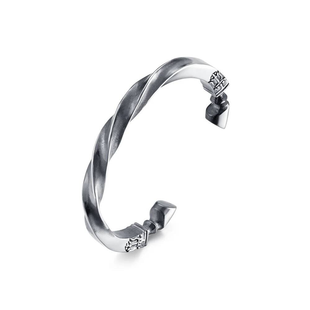 Vintage Twisted Stainless Steel Cuff Bracelet – 316L Silver Bangle with Carved End Details Style A
