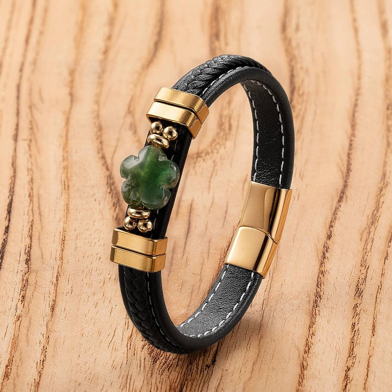 Black Braided Leather Bracelet with Green Jade Beads - Stylish Multi-Layer Magnetic Clasp Jewelry for Casual Wear and Gifts Gold-G