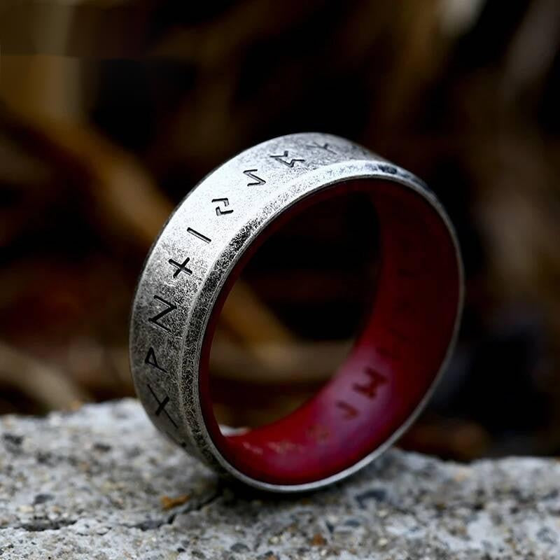 316L Stainless Steel Norse Rune Ring Red Vintage Viking Band
