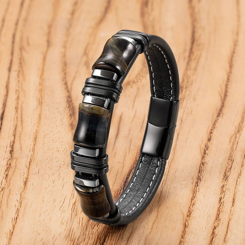 Black Braided Leather Bracelet with Green Jade Beads - Stylish Multi-Layer Magnetic Clasp Jewelry for Casual Wear and Gifts Style-K