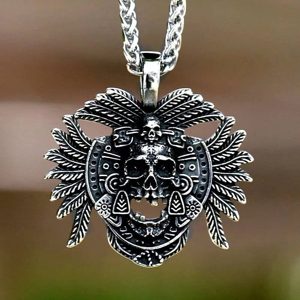 Skull with Feathered Headdress Pendant Necklace, Silver Gothic Jewelry with Tribal Design