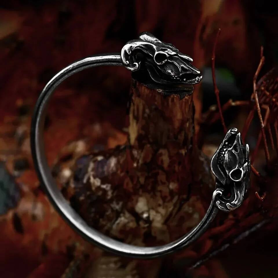 Viking Wolf Head Open Bangle – Stainless Steel Norse Bracelet