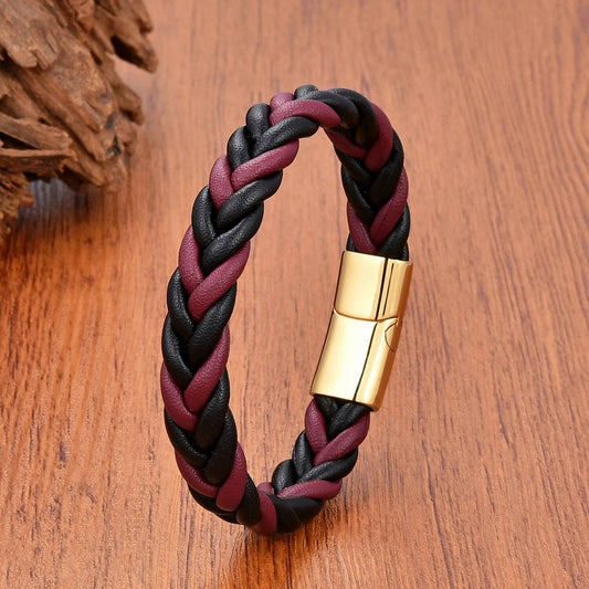 Retro Punk Style Men Gift Jewelry Braided Leather Rope Bracelets Stainless Steel Magnetic Buckle Personalized Bracelet Style A-Gold