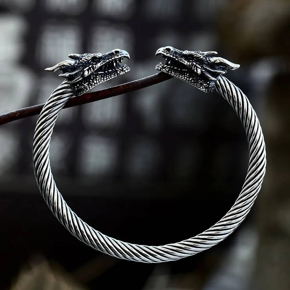 Double Dragon Head Twisted Bangle – Viking Norse Stainless Steel Bracelet Style A