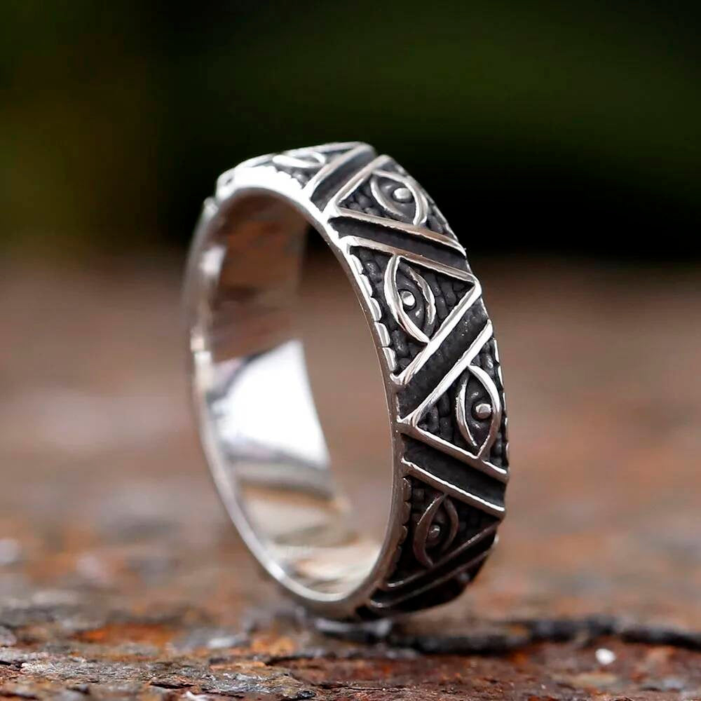 Rotating Eye of Horus Pyramid Ring – 316L Stainless Steel Mythic Statement Band