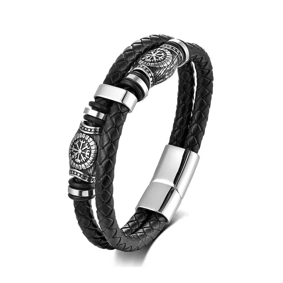 Viking Vegvisir Leather Bracelet – Nordic Compass Double Layer Wristband
