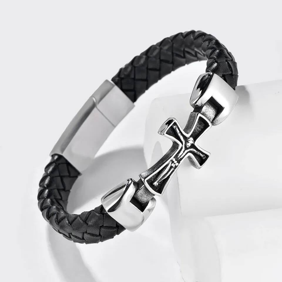 Men’s Leather Cross Bracelet – 316L Stainless Steel Christian Jewelry, Gothic Punk Wristband with Braided Strap