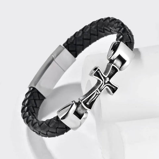 Men’s Leather Cross Bracelet – 316L Stainless Steel Christian Jewelry, Gothic Punk Wristband with Braided Strap