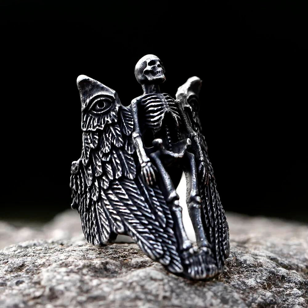 Angel Wing Skull Ring - Viking Aegishjalmur Stainless Steel Gothic Jewelry