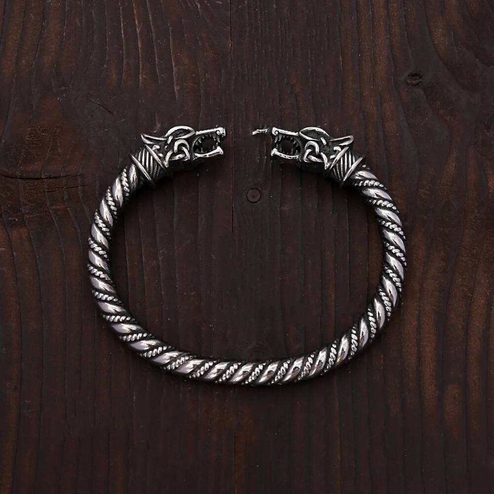 Viking Wolf Head Cuff Bracelet – Norse Mythology Stainless Steel Armring