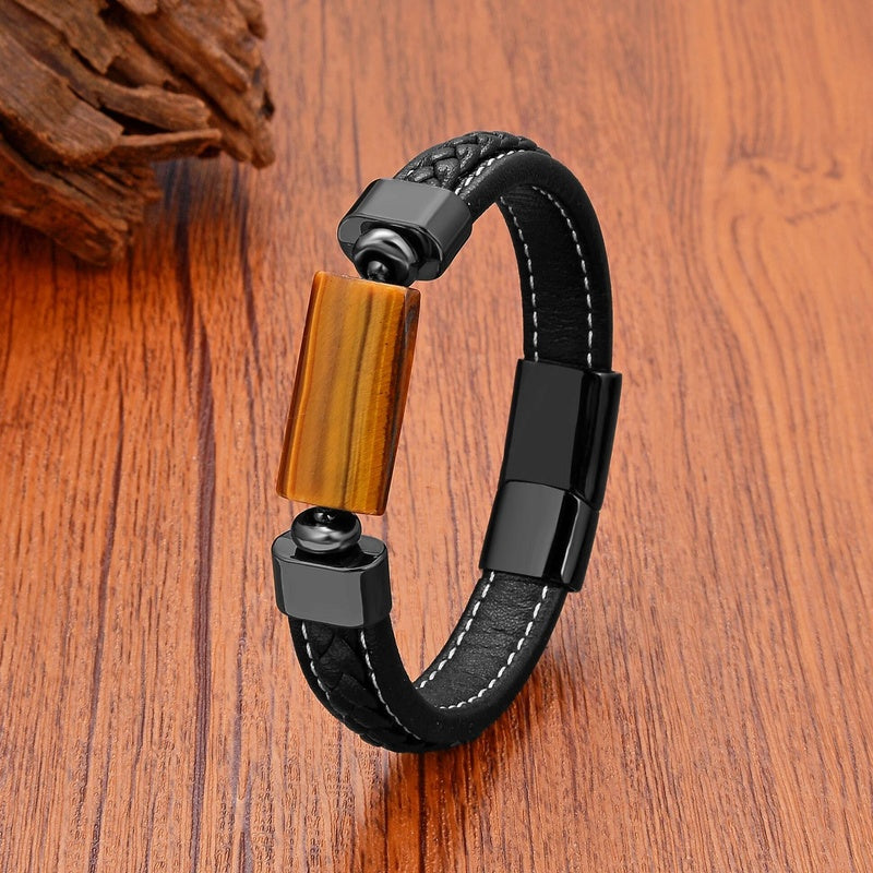 Oblong Agates Tiger Eye Beads Bracelet Women Accessories Leather Bangle Matching Bracelets for Man European and American Tiger Eye-Black