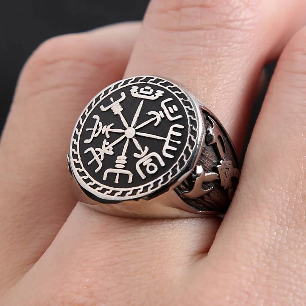 Viking Compass & Double-Axe Ring – 316L Stainless Steel Norse Amulet