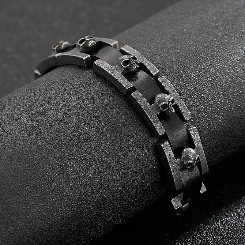 Mens Stainless Steel 316L Skull Link Chain Bracelet With Real Black Cowhide Leather