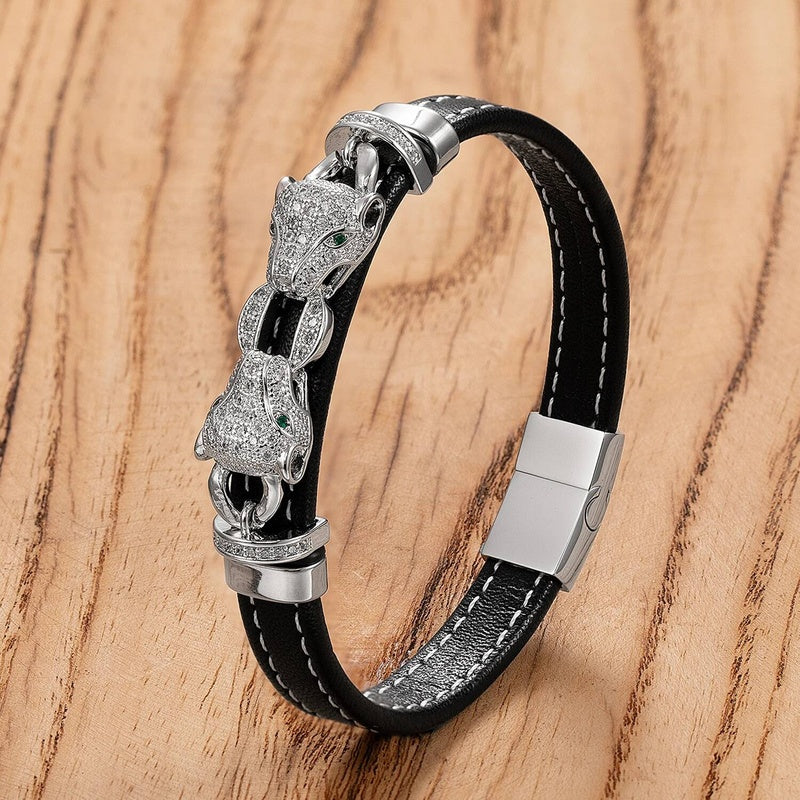 Style Classic Animal Leopard Head Hand Leather Braided Stainless Steel Bracelet For Man Woman Daily Wear Jewelry Gift White-B