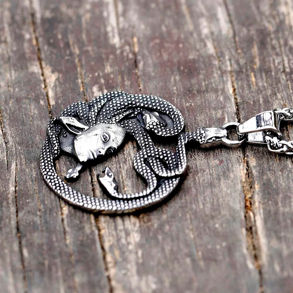 Medusa Snake Pendant Necklace, Silver Gothic Jewelry with Intricate Snake Design