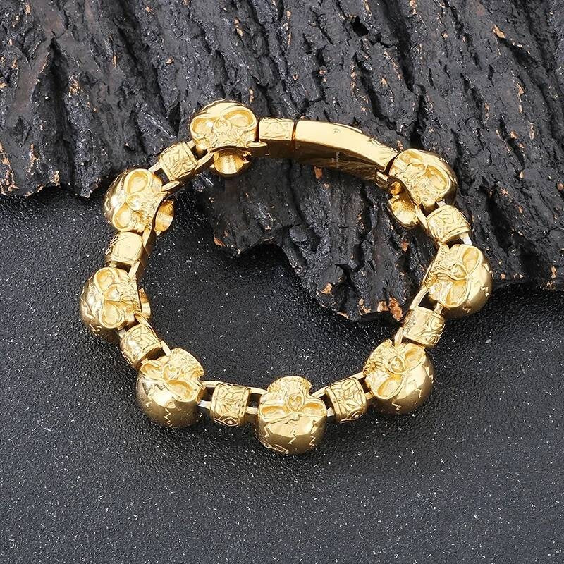 Stainless Steel 316L Skull Bone Charm Bracelet Men Punk Jewelry Gold Color 22cm