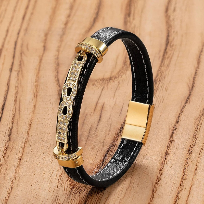 Men's Black Leather Diamond Accent Bracelet for Elegant Gifts Gold-G