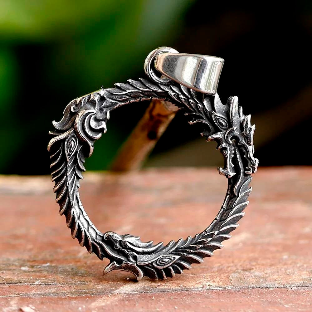 Ouroboros Pendant Necklace, Silver Mythological Jewelry with Dragon Design