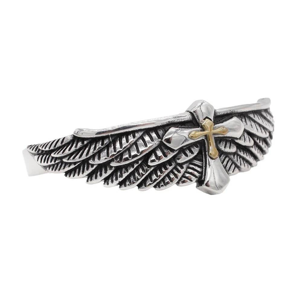 Angel Wings Cross Bangle – Gothic Stainless Steel Bracelet Style B