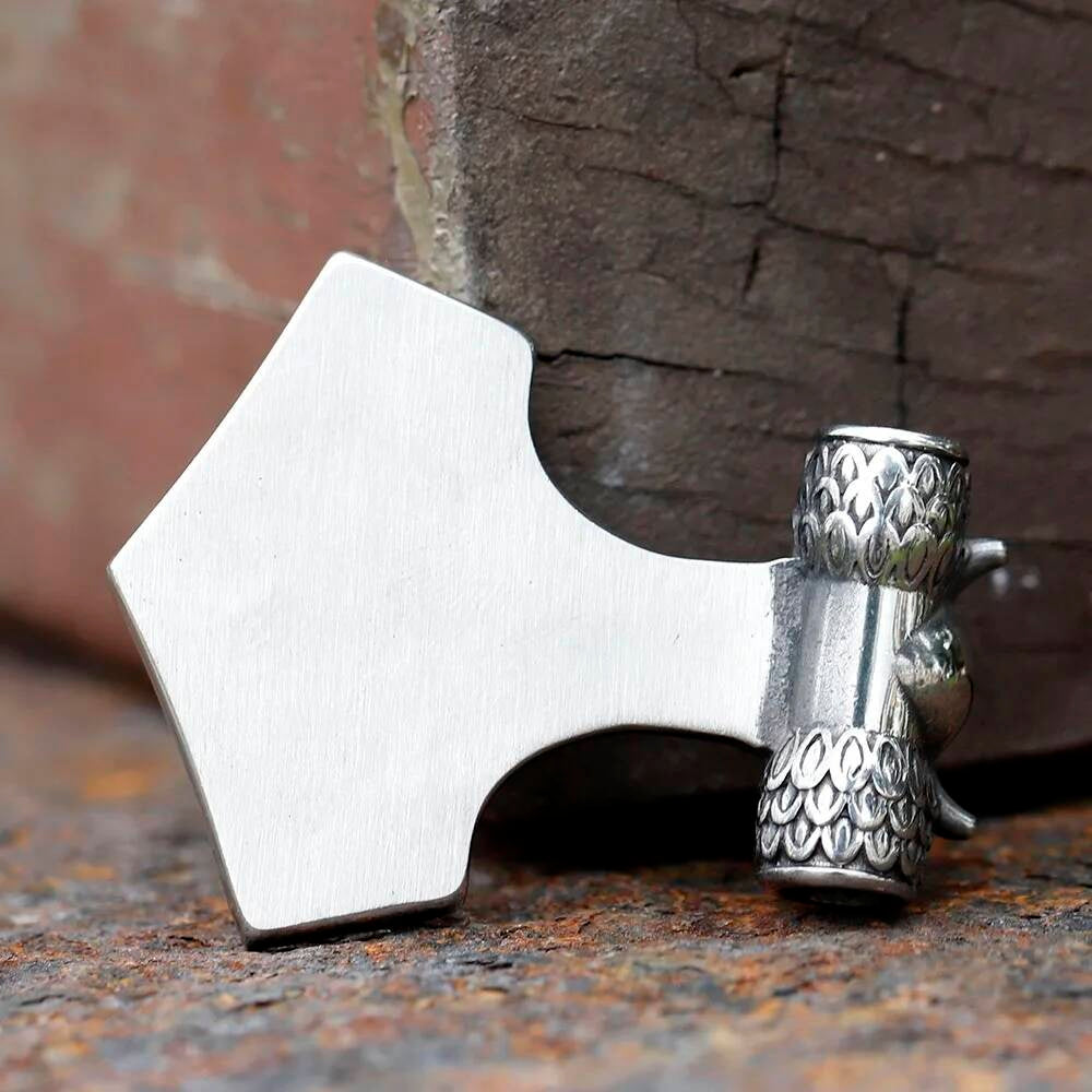 Viking Thor’s Hammer Pendant Necklace, Silver Norse Jewelry with Wolf Design