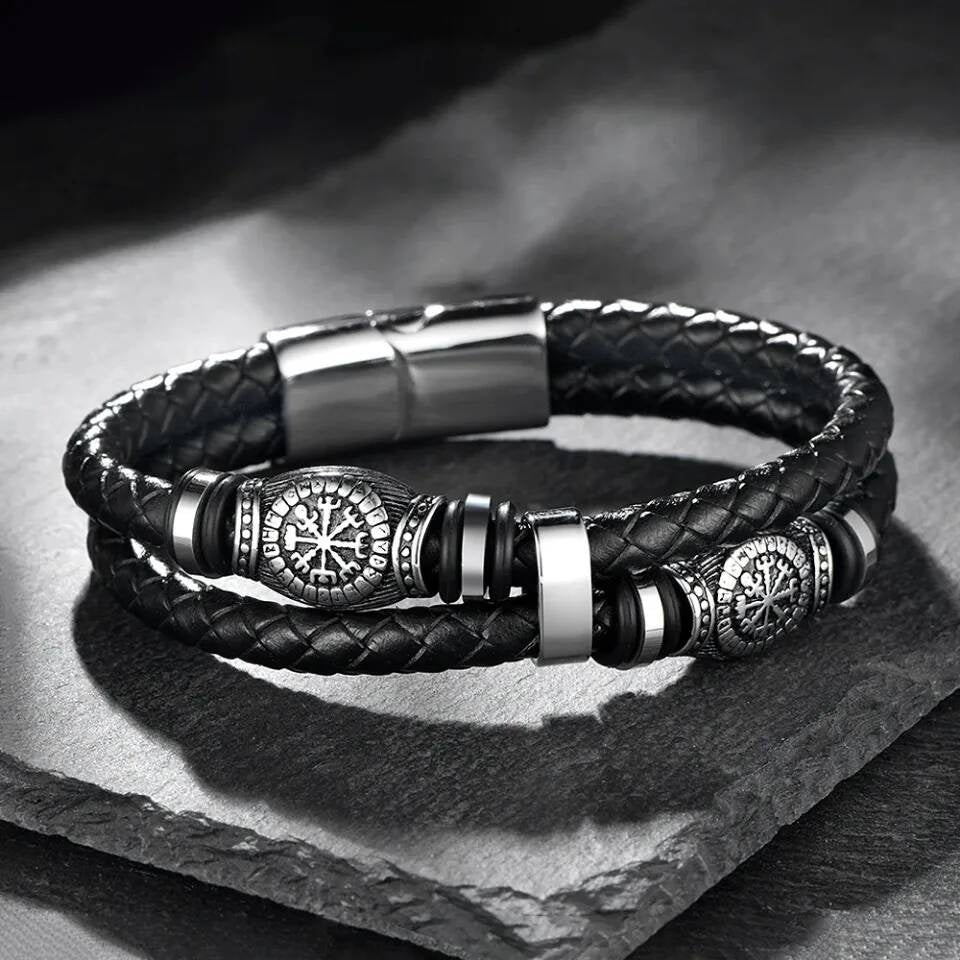 Viking Vegvisir Leather Bracelet – Nordic Compass Double Layer Wristband