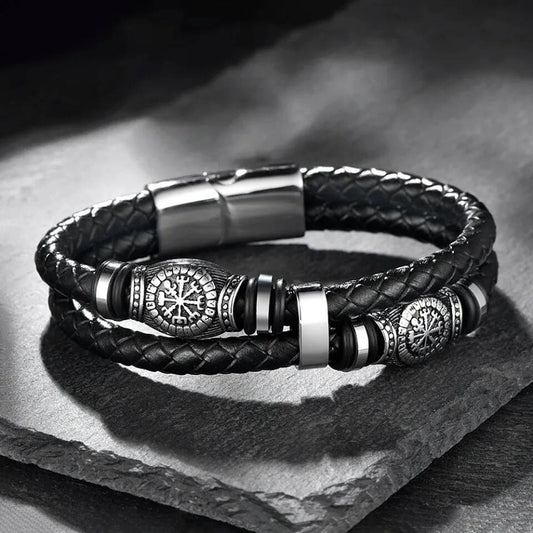 Viking Vegvisir Leather Bracelet – Nordic Compass Double Layer Wristband