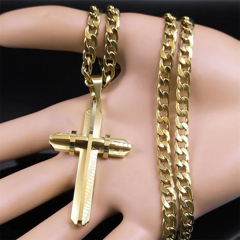 Gold-Tone 3D Cross Pendant – 316L Stainless Steel Men’s Chain Necklace