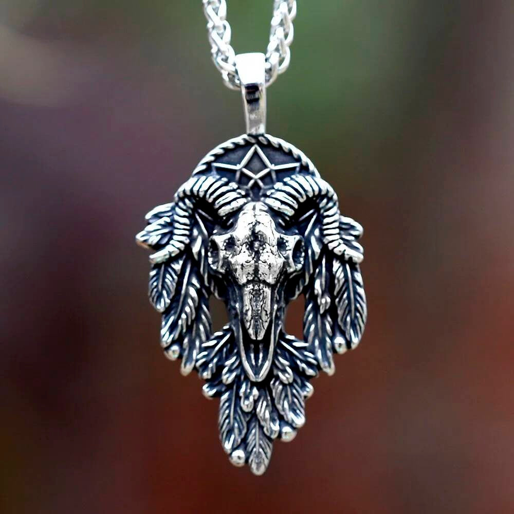 Ram Skull and Feather Pendant Necklace – Mystical Spiritual Jewelry