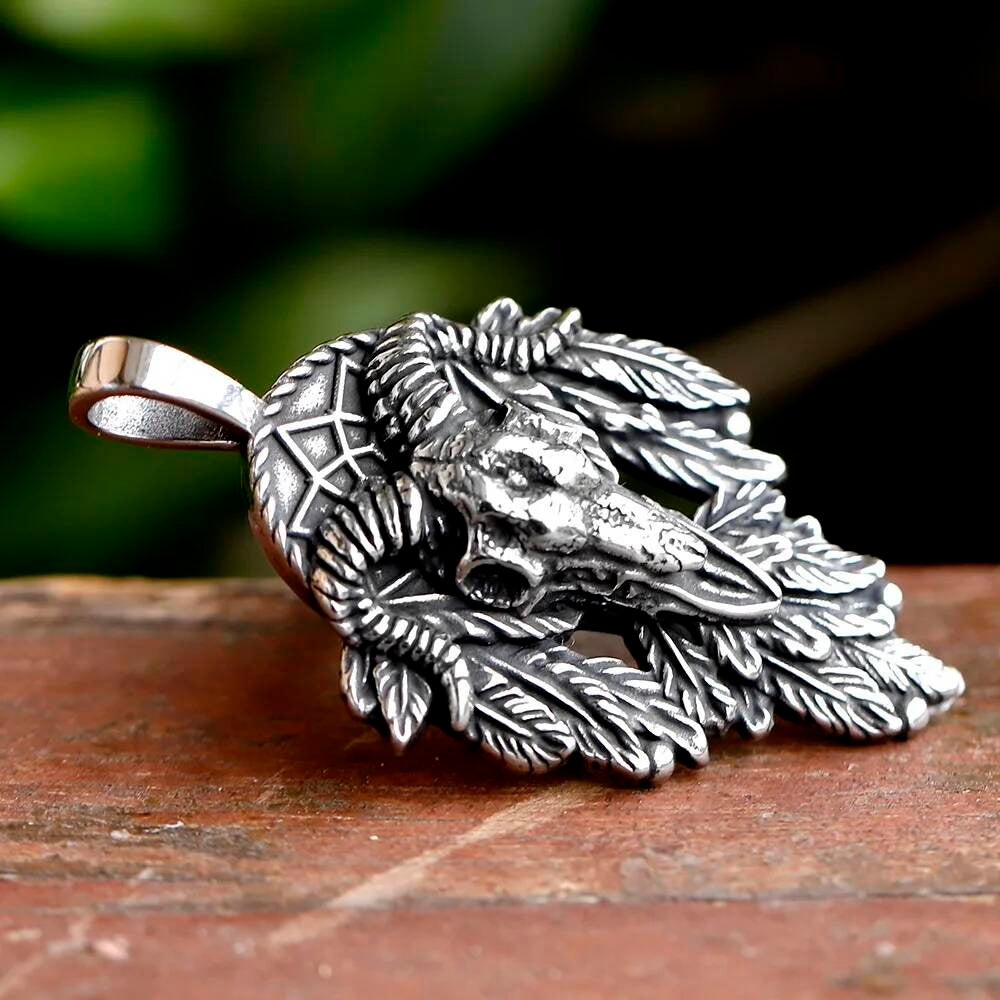 Ram Skull and Feather Pendant Necklace – Mystical Spiritual Jewelry
