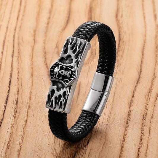 Personality Punk Black High Quality Hand Braided Leather Stainless Steel Charm Bracelet Men Bangle Couple Rock Fashion Jewelry Style-D