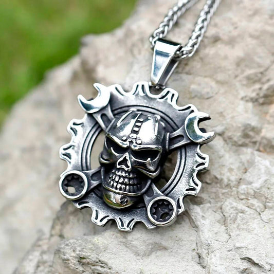 Skull with Wrenches Pendant Necklace, Industrial and Gothic Silver Jewelry