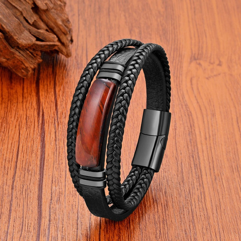 Black Braided Leather Bracelet with Green Jade Beads - Stylish Multi-Layer Magnetic Clasp Jewelry for Casual Wear and Gifts Style D